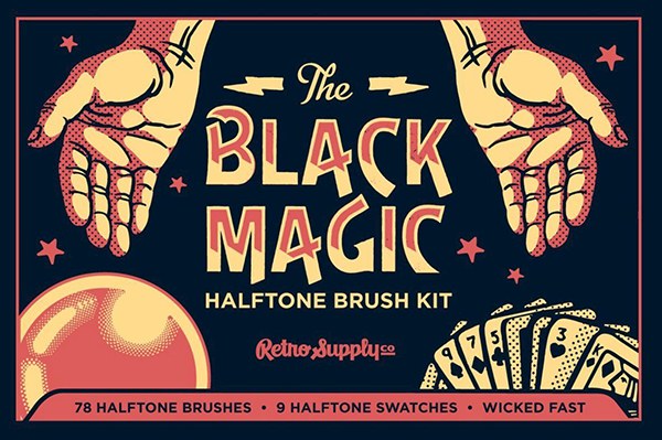 【AI笔刷】78种黑暗魔法锥形渐变半色调纹理Illustrator色板笔刷 Retro Supply – Black Magic Halftones