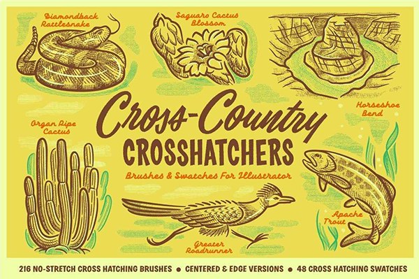 【AI笔刷】216种自然交叉阴影线条重叠效果Illustrator色板笔刷 Retro Supply – Cross-Country Crosshatchers