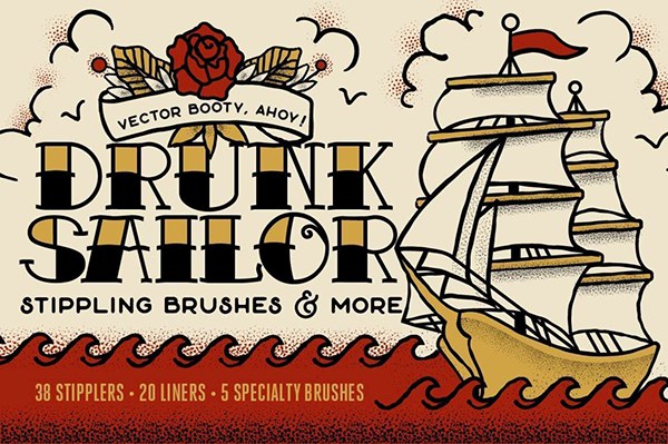 【AI笔刷】63种点画散布复古艺术纹理Illustrator绘画笔刷 Retro Supply – Drunk Sailor Stippling Brushes