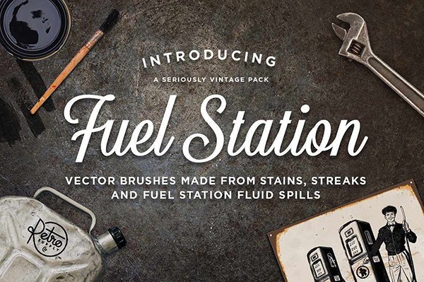 【AI笔刷】20支粗糙肮脏墨水飞溅污迹仿旧纹理Illustrator矢量笔刷 Retro Supply – Fuel Station Brushes