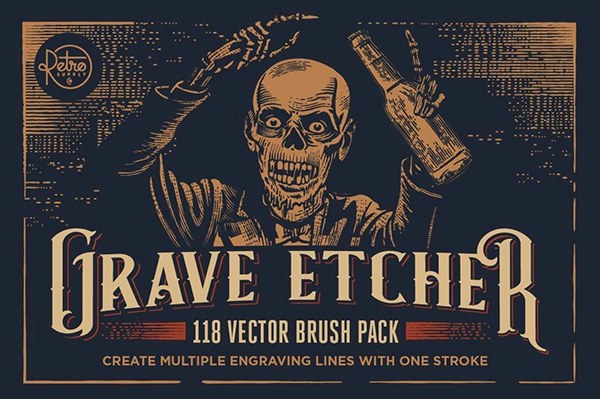 【AI笔刷】118种复古雕刻版画艺术插画线条Illustrator矢量画笔 Retro Supply – Grave Etcher