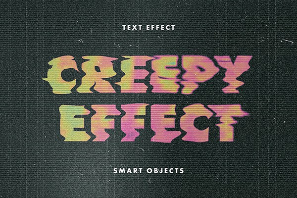 【PSD模板】复古做旧惊悚扭曲文本电视画面故障效果PSD特效模板 Creepy TV Text Effect