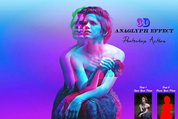 【PS动作】3D立体迷幻人像重影抖音LOGO效果PS动作 3D Anaglyph Effect Photoshop Action