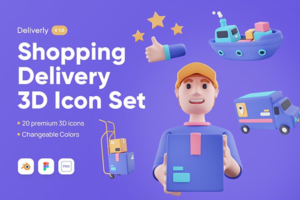 【图片素材】20个电子商务快递物流送货交付3D图标Icon图形素材 Deliverly – Shopping Delivery 3D