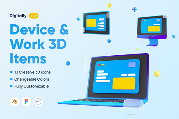 【图片素材】13个数字化金融办公科技设备Icon扁平化3D图标设计素材 Digitally – Device & Work 3D Items