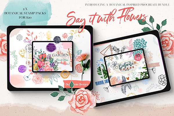 【Procreate笔刷】137支生日花卉水彩画装饰花朵树叶艺术设计Procreate笔刷 Say It With Flowers Bundle