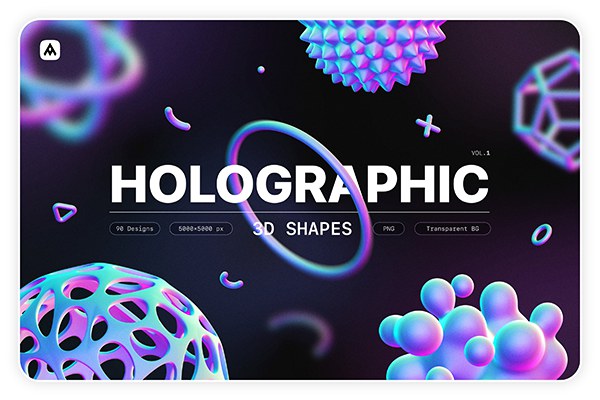 【PNG素材】90个抽象艺术彩虹全息渐变3D形状创意设计PNG合成素材 Holographic 3D shapes collection