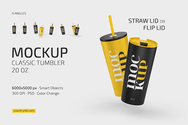 【PS样机】6款经典吸管翻盖玻璃杯展示模型PS样机 Straw/Flip Lid Tumbler 20 oz Mockup