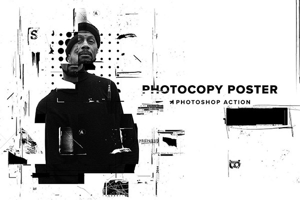 【PS动作】灰度图形文本线条混合影印故障错位拼贴特效PS动作 Photocopy Glitch Poster PS Action