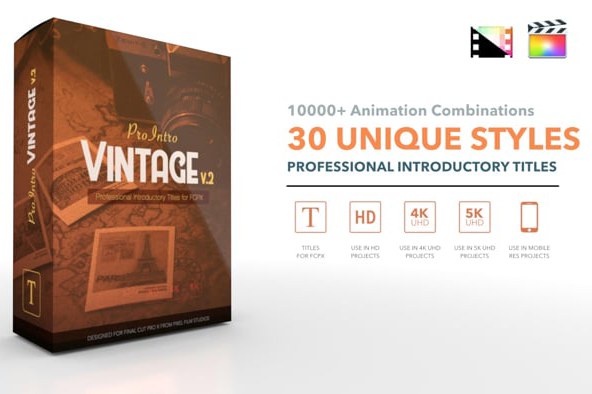 【FCPX插件】30种复古文字标题排版设计动画 Pixel Film Studios – ProIntro Vintage v2