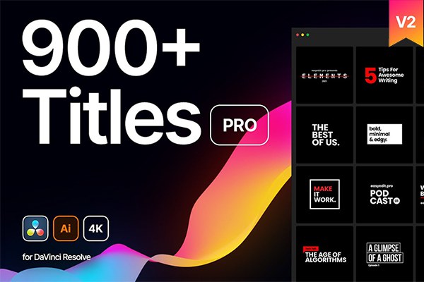 【达芬奇模板】900个现代字幕条标题呼出指示线文字排版动画 Titles Pro V2+AI源文件