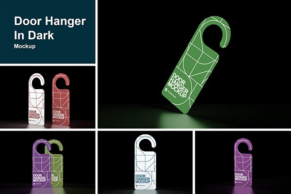 【PS样机】酒店会议室房门挂牌吊牌门锁门把手挂牌展示模型PS样机 Door Hanger In Dark Mockup