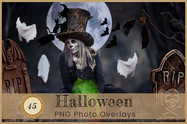 【PNG素材】45张魔幻恐怖万圣节化妆舞会骷髅面具幽灵女巫蜡烛气球等图片素材 Halloween Photoshop Overlays Creepy