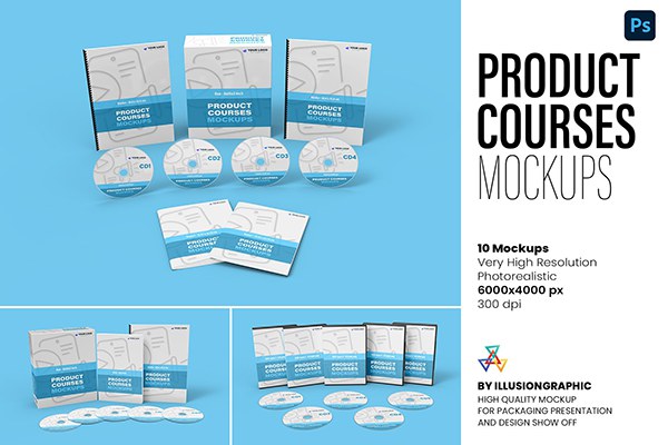 【PS样机】10视图数字产品软件教程光盘CD包装盒展示3D模型PS样机 Product Courses Mockups – 10 views