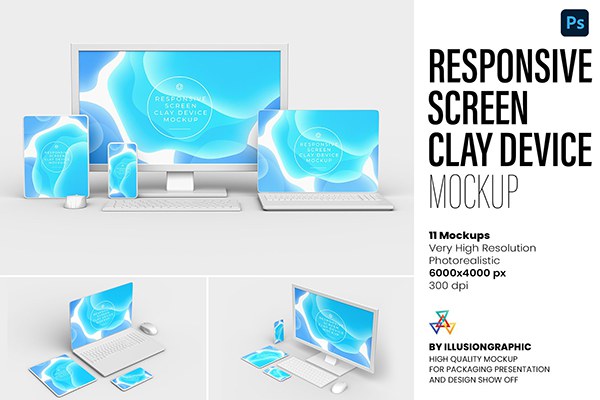 【PS样机】11视图响应式电子设备App应用网站程序自适应页面展示PS模型样机 Responsive Screen Clay Device Mockup