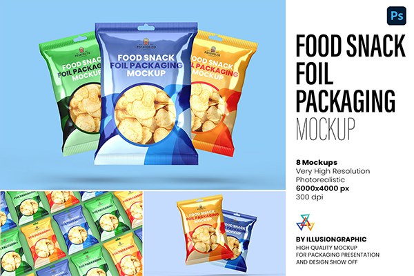 【PS样机】8视图膨化食品零食铝箔密封包装袋展示模型PS样机 Food Snack Foil Packaging Mockup