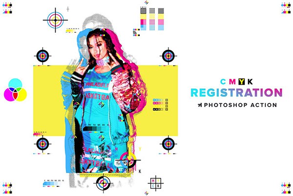 【PS动作】CMYK色彩分离半色调彩色网格图形背景装饰PS特效动作 CMYK Registration Photoshop Action