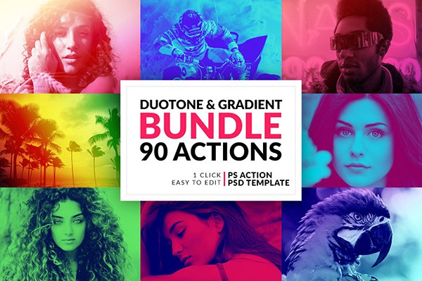 【PS动作】90个双色调渐变照片色彩混合叠加PS调色动作套装 Duotone and Gradient Actions Bundle