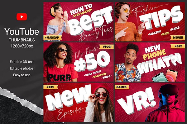 【PSD模板】6款社交媒体视频封面油管VLOG自媒体创作宣传3D文字排版PSD模板 YouTube Thumbnails with 3D Text
