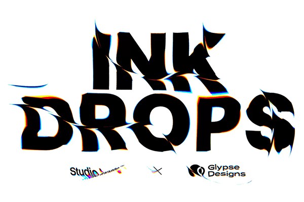 【PS样机】抽象艺术文字图形水墨滴落印染渗透扭曲位移变形特效PSD样机模板 Studio Innate – Ink Drops