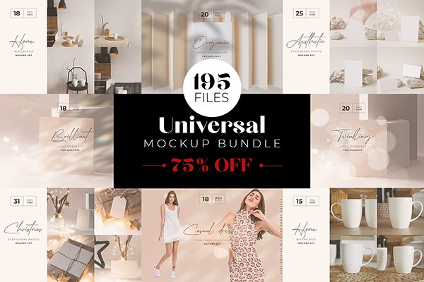 【PS样机】195+背景墙壁纸连衣裙圣诞卡片礼盒婚礼邀请函咖啡杯等PS样机合集漏光阴影照片PNG叠加素材 Universal Mockup Bundle