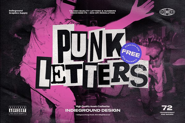 【PNG素材】72张复古赛博朋克风黑白字母数字剪贴画PNG素材 Indieground – Punk Letters