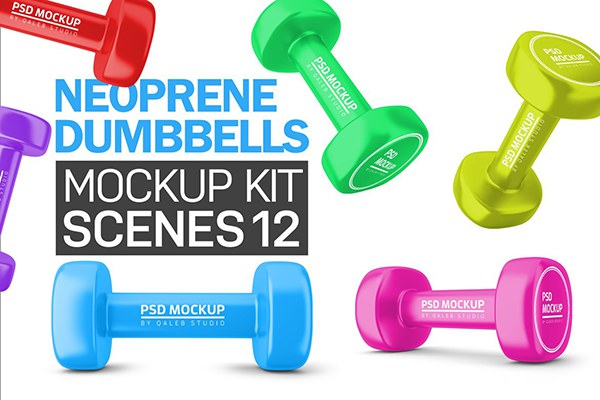 【PS样机】12视图氯丁橡胶哑铃健身器材展示PSD样机模板 Neoprene Dumbbell Kit