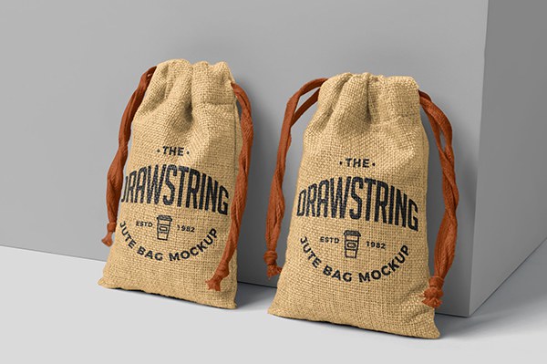 【PS样机】5款束带黄麻袋拉绳布袋储物袋购物袋效果展示PS样机 Drawstring Jute Bag Mockups