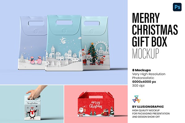 【PS样机】8款圣诞节礼盒购物袋包装盒设计PS模型样机 Merry Christmas Gift Box Mockup