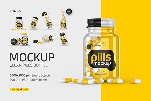 【PS样机】7款透明食品糖果玻璃瓶包装瓶设计展示PS模型样机 Clear Pills Bottle Mockup Set