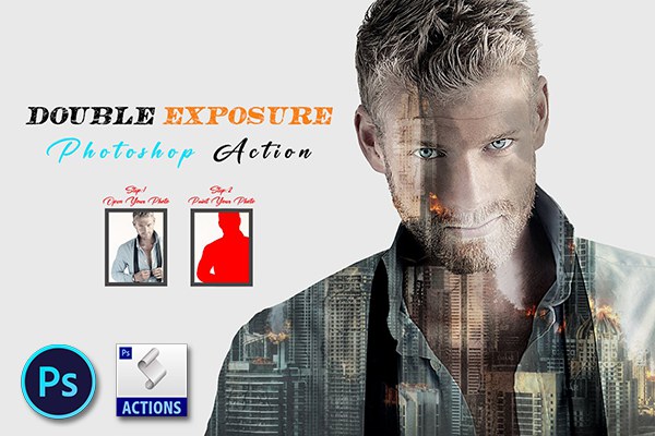 【PS动作】双重曝光人像背景融合特效PS动作 Double Exposure Photoshop Action