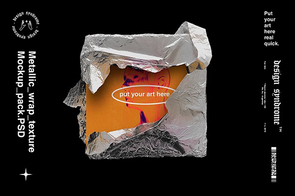 【PS样机】10种金属铝箔纸锡纸包装样式食品快递包装PS样机模板 Design Syndrome – Metallic Wrap Mockup Pack