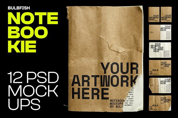 【PS样机】12种新旧破损笔记本记事本开合状态展示PS模型样机 Notebookie – Mockups Pack
