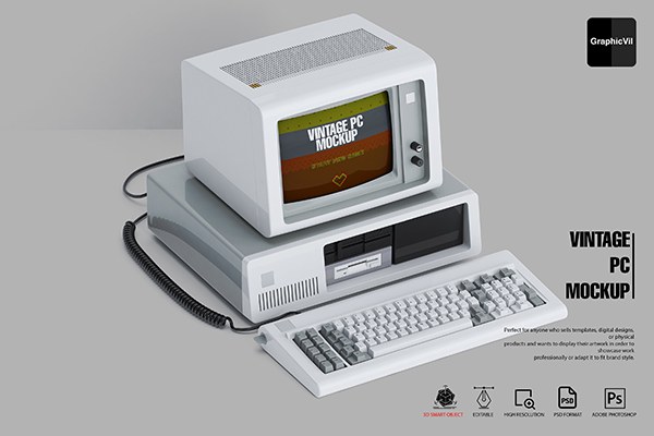 【PS样机】复古计算机IBM 5150 怀旧游戏产品设计展示PS模型样机 Vintage PC Mockup Part 2 IBM 5150