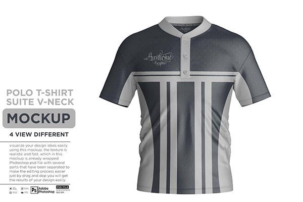 【PS样机】4视图V领T恤衫运动衫Polo衫3维模型展示样机 Polo T-Shirt Suite V-Neck Mockup