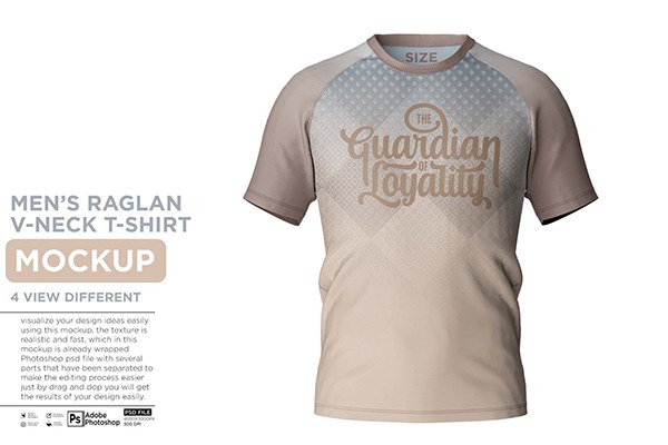 【PS样机】4视图男士插肩袖T恤短袖模型PS展示样机 Men’s Raglan V-Neck T-Shirt Mockup