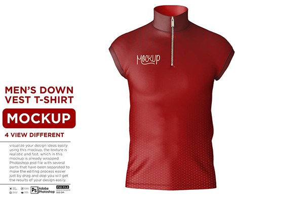 【PS样机】4视图男士羽绒无袖背心立领T恤模型PS展示样机 Men’s Down Vest T-Shirt Mockup