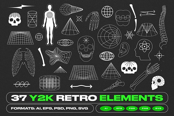 【矢量素材】37款复古Y2K千禧风人体部位抽象几何图形LOGO徽标元素矢量素材 37 Y2K Retro Elements