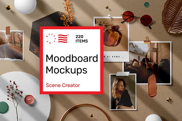 【PS样机】220个照片墙相册卡片情绪板设计场景展示元素PS样机 Moodboard Mockups – Scene Creator