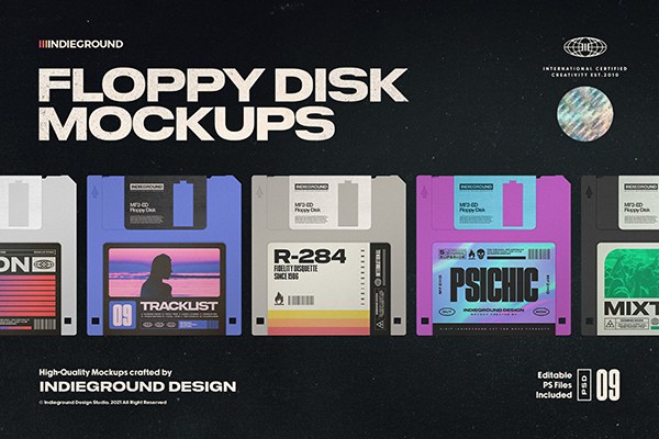 【PS样机】8款复古怀旧软盘磁盘电子设备贴图模型PS样机 Indieground – Floppy Disk Mockups