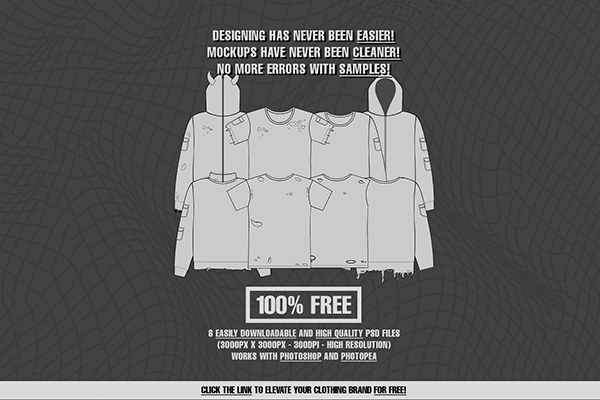 【PS样机】8款长短袖T恤连帽衫手绘线稿插图设计展示PS模型样机 Jawz – Flat Photoshop Mockup Pack
