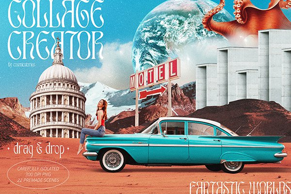 【PNG素材】420+复古欧美风情人物风景建筑动植物太空行星科技插图剪贴画报PNG图片素材 Collage Creator + Posters