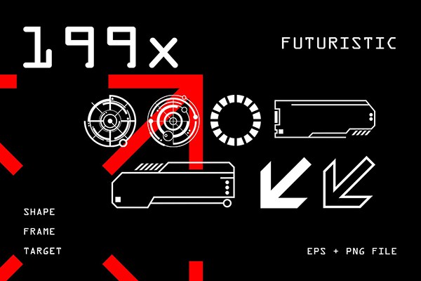 【矢量素材】199款赛博朋克未来科技HUD数据仪表盘数字符号游戏图标UI界面框架图形矢量素材 199 Futuristic Graphic Element