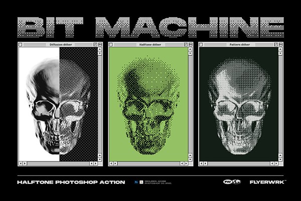 【PS动作】复古8Bit半色调老式电子科技产品屏幕像素颗粒化特效PS动作 Flyerwrk – Bit Machine Halftone Action