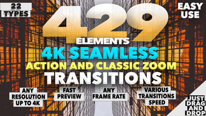 【PR模板】429个缩放冲击视频无缝转场过渡预设 4k Seamless Zoom Transitions Pack