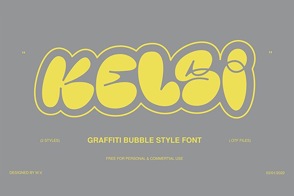 【字体】可爱肥硕圆润膨胀涂鸦风格艺术设计英文字体 Kelsi – Graffiti Style Bubble Font