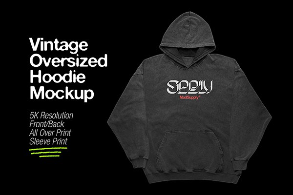 【PS样机】潮流复古大号连帽衫卫衣品牌服装设计展示模型PS样机 Mad Supply – Vintage Oversized Hoodie Mockup