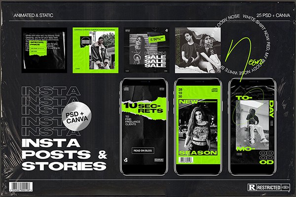 【PSD模板】25套潮流艺术Ins新媒体微信微博海报版式设计PS模板 Neon Instagram PSD + Canva