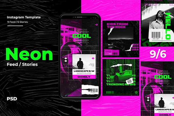 【PSD模板】15套简约潮流设计霓虹背景Ins风新媒体海报宣传PS模板 Neon Instagram Templates