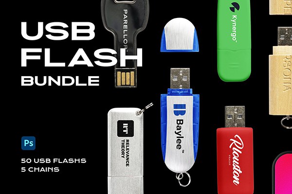 【PS样机】50款盘闪存驱动器读卡器创意礼品办公设计PS贴图样机 USB Flash Drive Mockup Template Logo